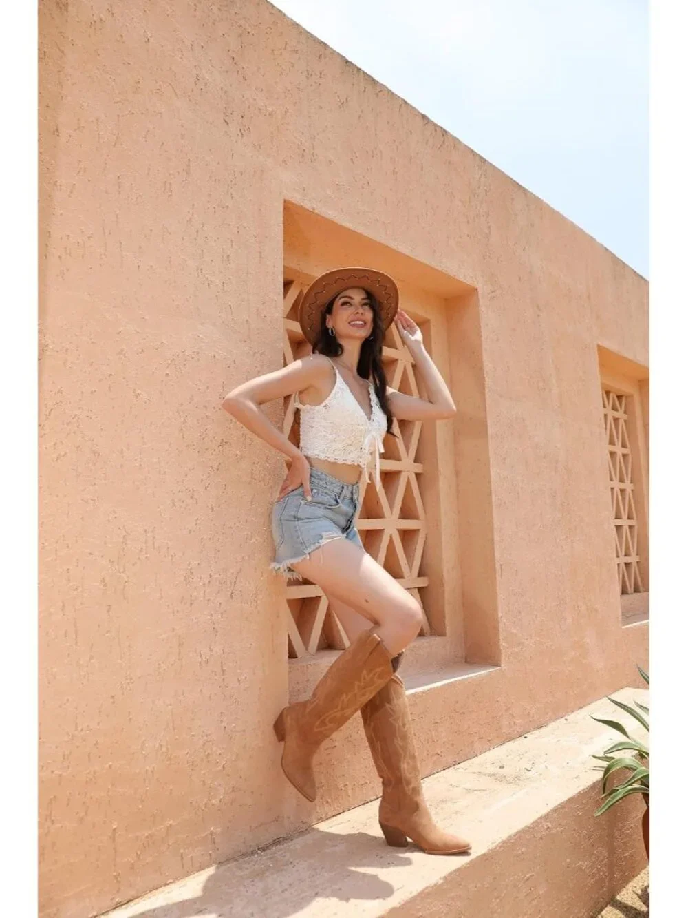 Women's Light Brown Pointed Toe Faux Leather Block Heel Heel Over The Knee Boots